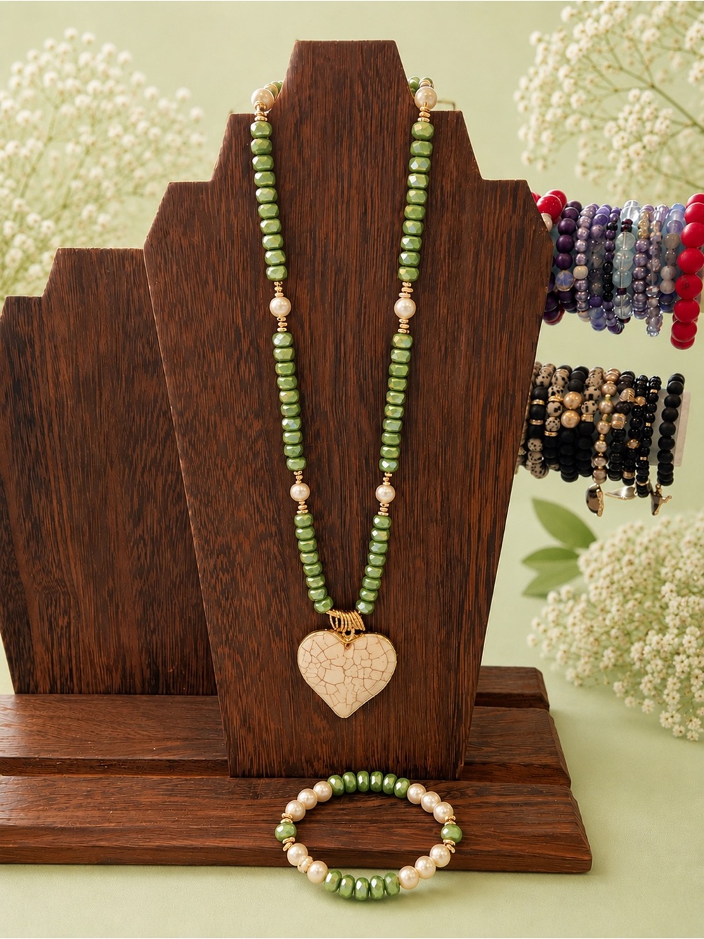 Green Beaded Necklace and Bracelet Set with Cream Heart Pendant - Picture 2 of 2